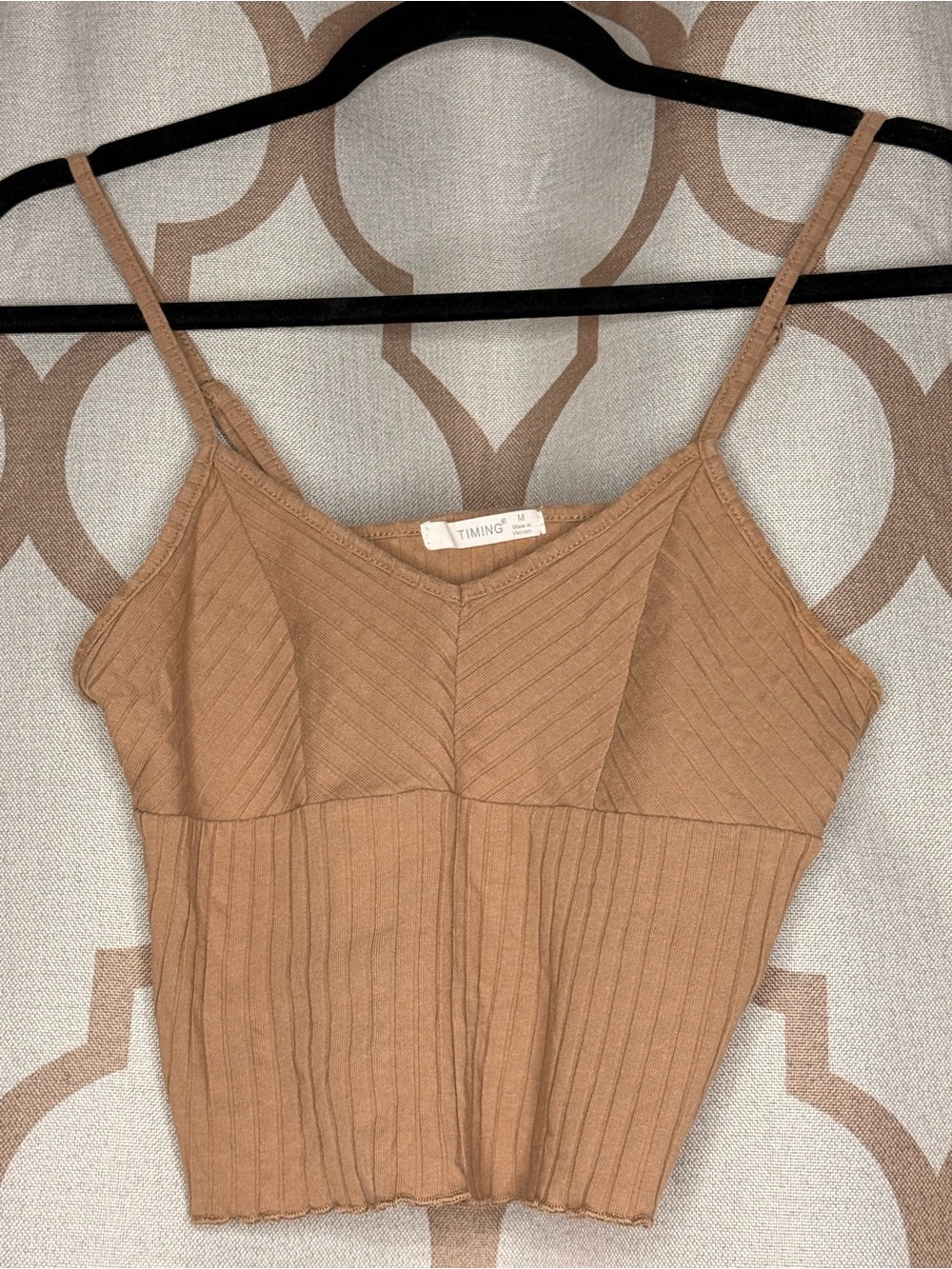 Timing Camel Ribbed Spaghetti Strap Crop Top